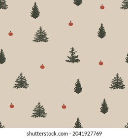 Christmas new year winter holiday seamless pattern with xmas tree and balls. Vector illustration in hand drawn cartoon flat style