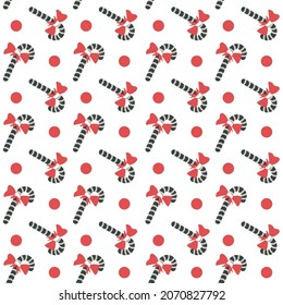 Christmas and new year winter holiday celebration. Candy sticks traditional treat for xmas, sweets decorated with red ribbon bows. Seamless pattern, background or print. Vector in flat style