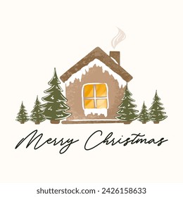 Christmas new year winter holiday greeting card with cozy house, snow and xmas tree, vector