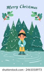 Christmas, new year winter holiday greeting card. Cartoon flat style hand drawn vector illustration. Cute boy holding a small Christmas tree and skating on blue skates