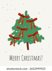 Christmas new year winter holiday greeting card with xmas decoration. Vector illustration poster in hand drawn cartoon flat coquette style.