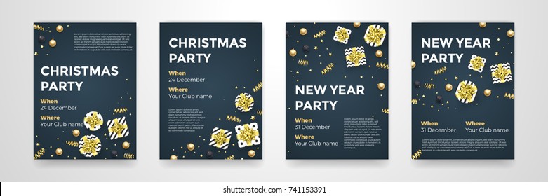 Christmas, New Year winter holiday party posters design template of golden glittering xmas decorations. Vector confetti and present in gold star ribbon bow for invitation card black  background