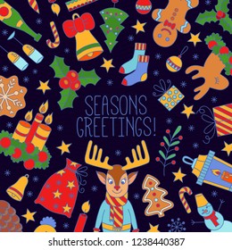 Christmas New Year winter holidays doodle vector icons greeting card template