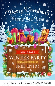 Christmas and New Year winter holidays party invitation poster. Vector Xmas gifts and presents, decorated with pine tree branches, balls and candies, ribbon bows, snowflake and star, pinecone and snow