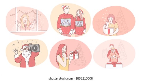 Christmas, New year, Winter holidays celebration concept. Happy people and children cartoon characters in festive Santa costumes celebrating Christmas and New Year and getting presents 