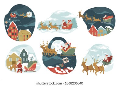 Navidad y celebración de las vacaciones de invierno de año nuevo. Santa claus volando o montando en trineos entregando regalos para Navidad. Paisaje urbano nevado por la noche con luna llena y estrellas. Vector de saludos en plano