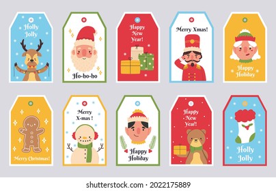 Christmas and New Year winter holidays gift tags. Merry Christmas Santa, bear, reindeer and snowman labels vector illustration set. Xmas gift boxes tags decoration collection for celebration