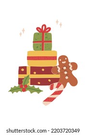 Christmas, New Year, Winter Holidays Retro style greeting card, banner design. Cute gingerbread man, gift boxes in stack, mistletoe, and candy cane. Vector mid-century illustration.
