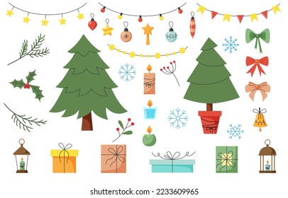 Christmas new year winter holidays symbols, isolated on white. Flat vector collection of Christmas decorations: christmas tree, cristmas tree balls, garlands, candles, gift boxes, snow flakes