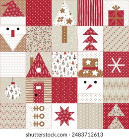 Christmas, New Year, Winter Holidays. Patchwork Background. Decorative Abstract Geometric Mosaic Pattern in Folk Style. Seamless Quilting pattern. Vector illustration.