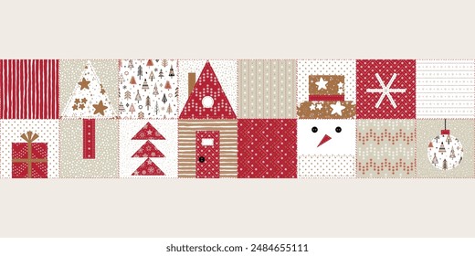 Christmas, New Year, Winter Holidays Seamless Banner. Patchwork Border. Decorative Abstract Geometric Mosaic Tape Pattern in Folk Style. Quilting pattern. Vector illustration