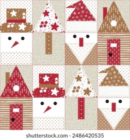 Christmas, New Year, Winter Holidays. Patchwork Vector Background with Snowman, Santa, Christmas tree, House. Decorative Abstract Geometric Mosaic Pattern in Folk Style. Seamless Quilting pattern. 