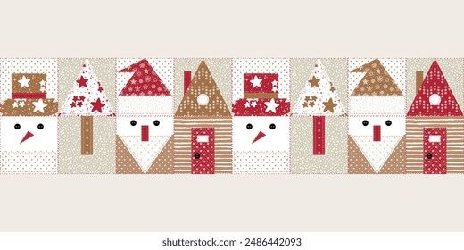 Christmas, New Year, Winter Holidays Seamless Banner. Patchwork Border with Snowman, Santa, Christmas tree, House. Decorative Abstract Geometric Mosaic Tape Pattern in Folk Style. Quilting pattern.