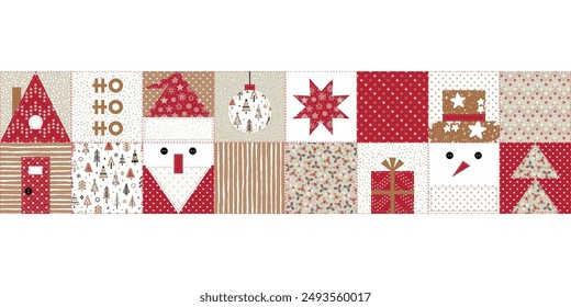 Christmas, New Year, Winter Holidays Seamless Banner. Patchwork Border. Decorative Abstract Geometric Mosaic Tape Pattern in Folk Style. Quilting pattern. Vector graphics.