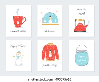 Christmas, New Year and Winter Holidays Cards with Vintage Sentimental Objects. Tea Mug, Snow Globe, Kettle, Sweater, Mason Jar Vector Illustrations. 