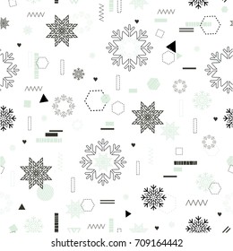 Christmas and New Year. Winter holidays. Snow. Cute trendy seamless pattern with snowflakes and geometric details. All elements are  hidden under mask. Pattern are not cropped and can be edited