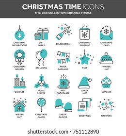 Christmas and New Year. Winter holidays. Santa. December. Thin line web icon set. Outline icons collection.Vector illustration.