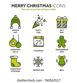 Christmas and New Year. Winter holidays. Santa. December. Thin line web icon set. Outline icons collection.Vector illustration.