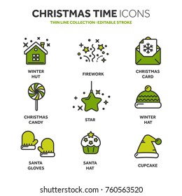 Christmas and New Year. Winter holidays. Santa. December. Thin line web icon set. Outline icons collection.Vector illustration.