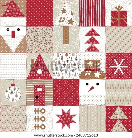 Christmas, New Year, Winter Holidays. Patchwork Background. Decorative Abstract Geometric Mosaic Pattern in Folk Style. Seamless Quilting pattern. Vector illustration.