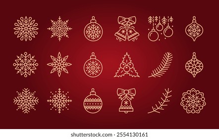 Christmas, New Year or winter icon set (snowflakes, bells, glass balls, Christmas tree branches). Vector signs with editable stroke line. Graphic decoration design elements. Set 1.