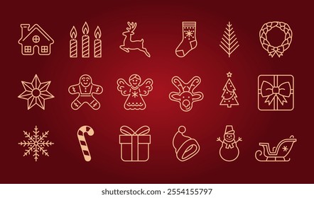 Christmas, New Year or winter icon set (cookies candles angel Christmas tree reindeer sleigh gift box star snowflake sock and candy cane). Vector editable stroke line. Graphic design elements. Set 2.