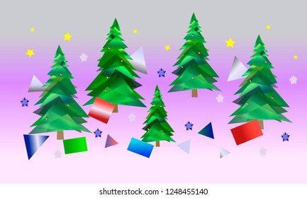 
Christmas, New Year, winter illustration with Christmas tree made from green gradient trogolniki, boxes with gifts, decorative elements.