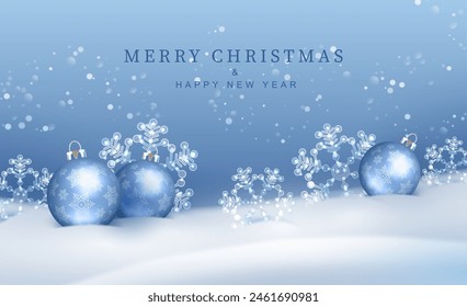 Christmas and New Year winter landscape. Glass transparent snowflakes and Christmas balls lie in the snow.