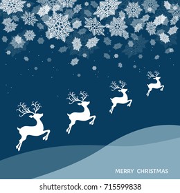 Christmas and New Year winter landscape with deers. Snowfall.  Xmas reindeer and white  snowflakes. Vector  illustration for greeting card or party invitation blue  background.