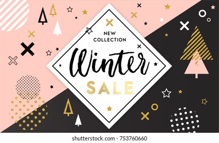 Christmas, New Year, Winter Poster. Vector Illustration. Sale Banner, Background, Flyer, Invitation Card Template Design In Black White And Gold Colors