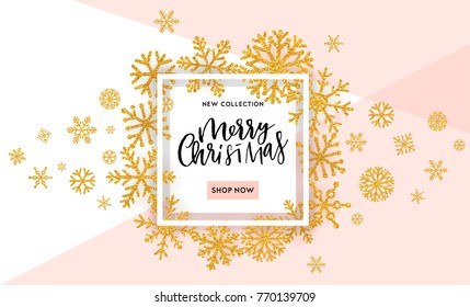 Christmas, New Year, Winter poster. Vector illustration. Sale banner, background, flyer, invitation card template design in black white and gold colors