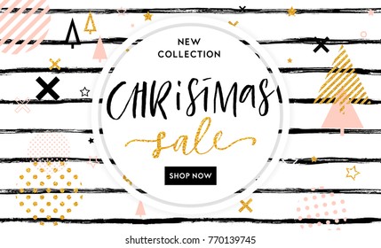 Christmas, New Year, Winter poster. Vector illustration. Sale banner, background, flyer, invitation card template design in black white and gold colors