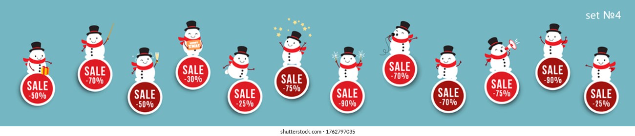 Christmas New Year and winter sale, advertising stickers with snowman and discounts, vector isolated elements for festive design. Set 4