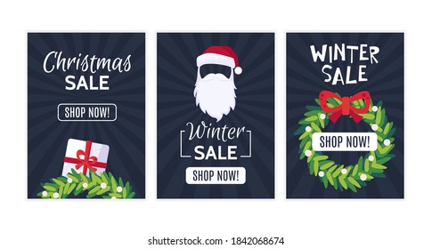Christmas, new year, winter sale banner. Shop market poster template with decorative elements