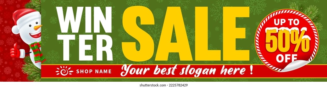 Christmas and New Year winter sale advertising banner template. Happy snowman with Santa hat and warm scarf, peek out behind banner. Place for text, percentage sign. Vector illustration