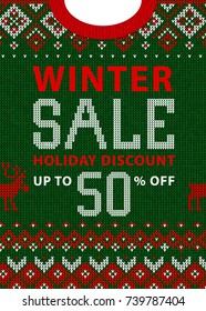 Christmas and New Year winter sale discount banner. Ugly sweater. Vector illustration Handmade knitted background pattern with scandinavian ornaments. White, red, green colors. Flat style