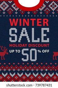 Christmas and New Year winter sale discount banner. Ugly sweater. Vector illustration Handmade knitted background pattern with scandinavian ornaments. White, red, blue colors. Flat style