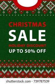 Christmas and New Year winter sale discount banner. Ugly sweater. Vector illustration Handmade knitted background pattern with scandinavian ornaments. White, red, green colors. Flat style