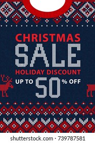 Christmas and New Year winter sale discount banner. Ugly sweater. Vector illustration Handmade knitted background pattern with scandinavian ornaments. White, red, blue colors. Flat style