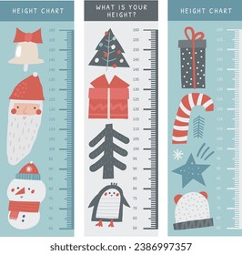 Christmas, New Year, winter season kid height measurement, centimeter, chart with Santa, snowman, present box, bell, Christmas tree, candy stick, penguin star fir tree