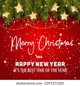 Christmas and New Year with winter with snowflakes, lights, stars. Merry Christmas card. Vector Illustration
