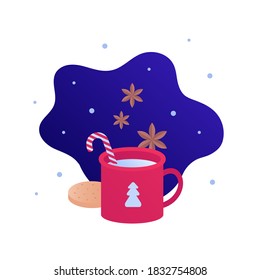 Christmas and new year winter symbol concept. Vector flat illustration. Red cup with drink, cookies candy stick. Blue sky snow background. Design for banner, poster, web holiday sale ad