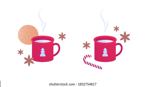 Christmas and new year winter symbol concept. Vector flat illustration set. Red cup with drink, cookies, candy stick and cinnamon isolated on white background. Design for banner, web holiday sale ad