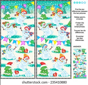 Christmas, New Year or winter themed visual puzzle: Find the ten differences between the two pictures of playful happy snowmen (same task text in Russian, German, French, Spanish). Answer included. 