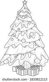 Christmas New Year winter tree with decorations and presents sketch template. Holiday cartoon vector illustration in black and white for games, background, pattern, decor. Coloring story book, paper
