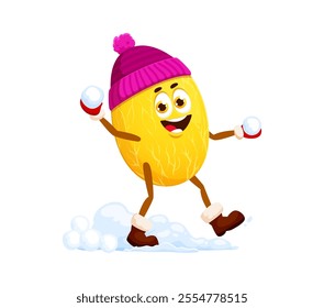 Christmas and new year winter tropical melon fruit character dressed in warm knit hat playing with snowballs. Cartoon vector happy funny ripe fruit personage engaged in snow battle holiday activities