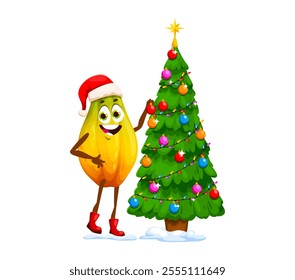 Christmas and new year winter tropical papaya fruit character wearing a Santa hat stands beside a decorated pine tree. Vector festive scene conveys joy and holiday spirit for seasonal celebrations