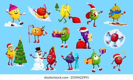 Christmas and New Year winter tropical fruit characters engaging in joyful Xmas celebration and fun outdoor activities. Cartoon vector grape, melon, mandarin, papaya or carambola exudes holiday spirit