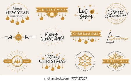 Christmas, New Year and winter typography badges isolated on white background. Set of design elements for holiday postcard, gift tag or web page decor. Vector illustration.
