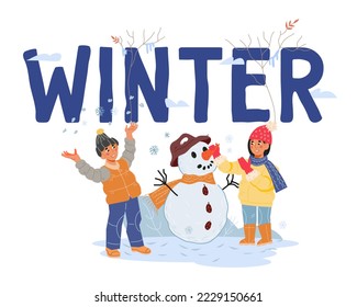 Christmas and New Year winter vacation and holidays banner or poster background with children  making a snowman, flat vector illustration on white background. Huge word Winter and kids characters.